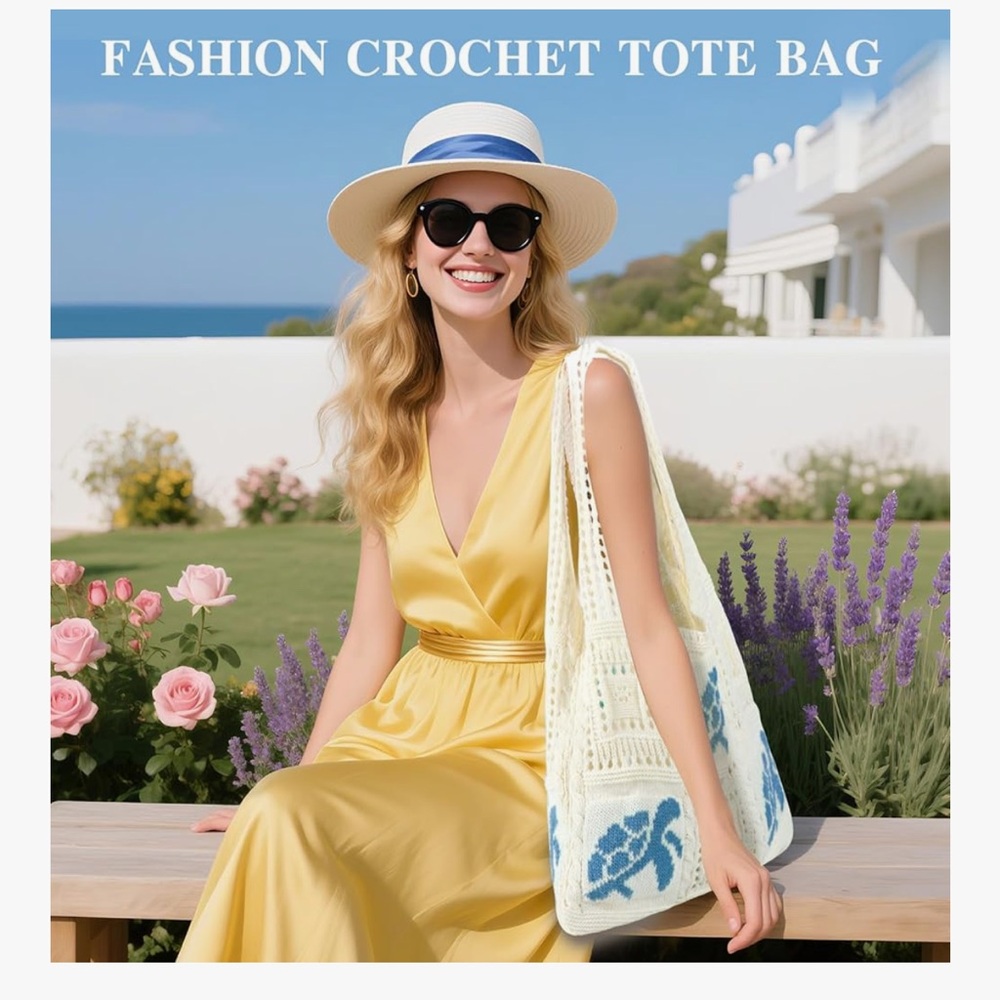 🆕 Crochet Tote Bag for Women, Aesthetic Crochet Mesh Beach Tote Bag, - Picture 7 of 9